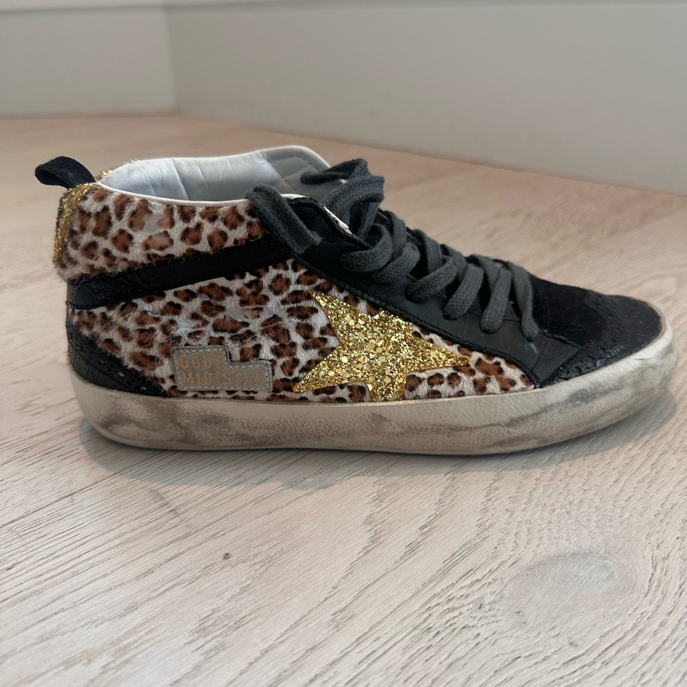 Golden Goose Mid-Star Leopard Print Pony Hair and Suede Sneakers